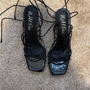 Wild Pair Black Patent Lace-Up Strappy Heels
